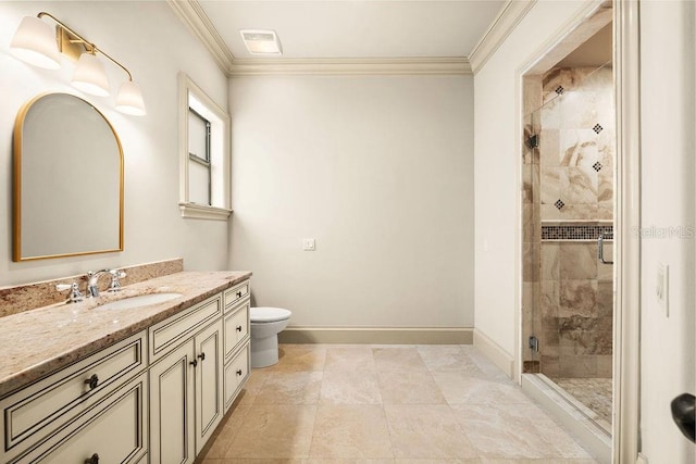 bathroom with a shower with shower door, tile patterned floors, toilet, vanity, and ornamental molding