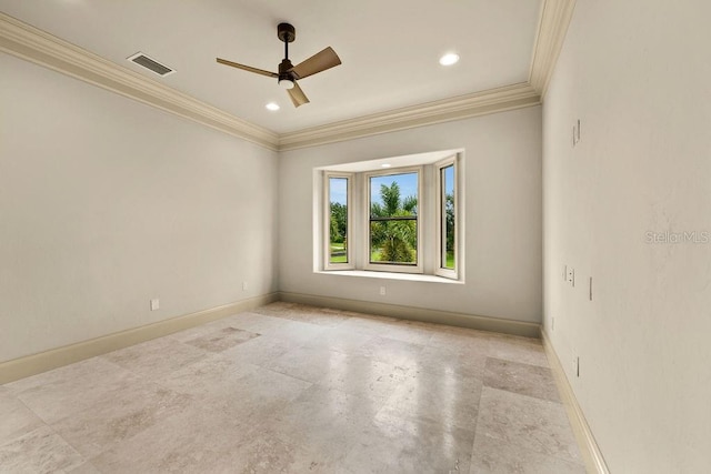 unfurnished room with crown molding, light tile patterned floors, and ceiling fan