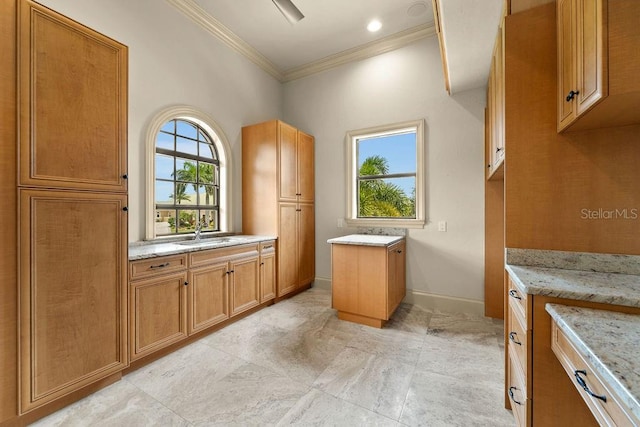 bathroom with ornamental molding, tile patterned flooring, a towering ceiling, and double vanity