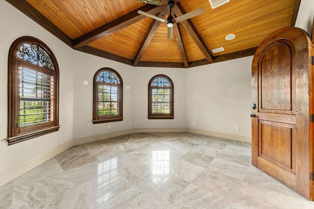 empty room featuring lofted ceiling with beams, light tile patterned floors, wooden ceiling, and ceiling fan