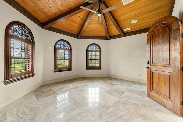 empty room featuring a ceiling fan, baseboards, lofted ceiling with beams, wood ceiling, and marble finish floor