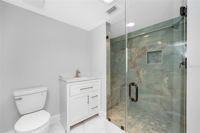 bathroom with walk in shower, vanity, and toilet