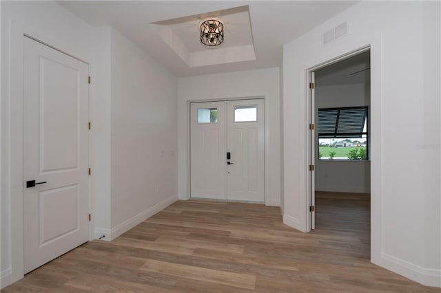 foyer entrance featuring light hardwood / wood-style flooring and a raised ceiling