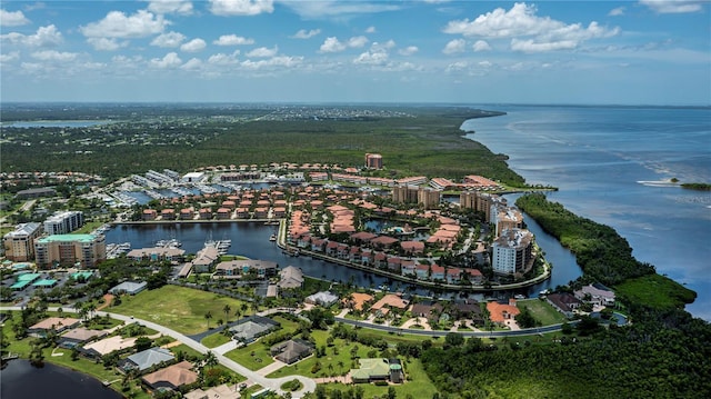 drone / aerial view featuring a water view