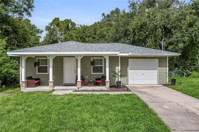 ranch-style home with an attached garage, driveway, a porch, and a front yard