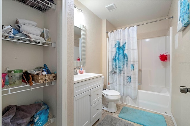full bathroom featuring tile patterned floors, toilet, visible vents, shower / bathtub combination with curtain, and vanity