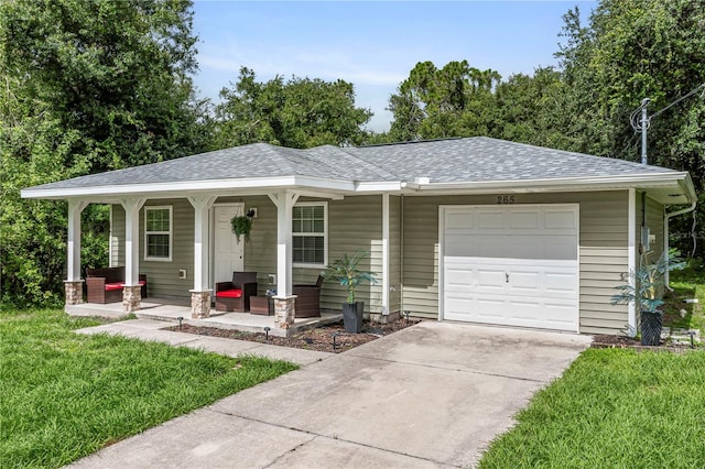 single story home featuring a front lawn, concrete driveway, an attached garage, a porch, and roof with shingles