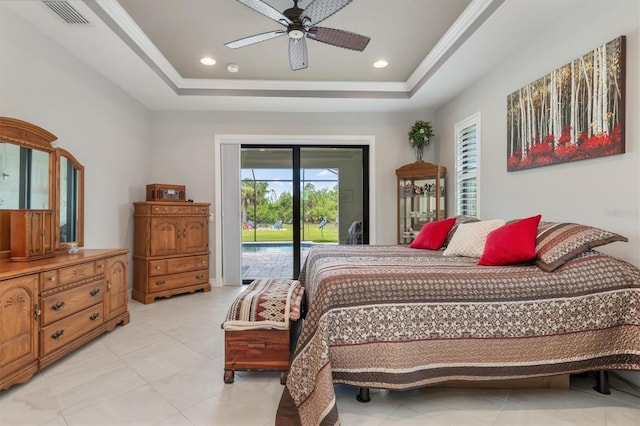 tiled bedroom featuring a raised ceiling, ornamental molding, access to exterior, and ceiling fan