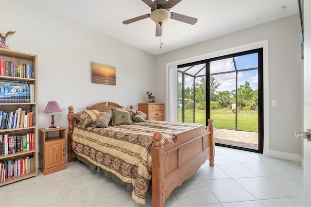 tiled bedroom featuring ceiling fan and access to exterior