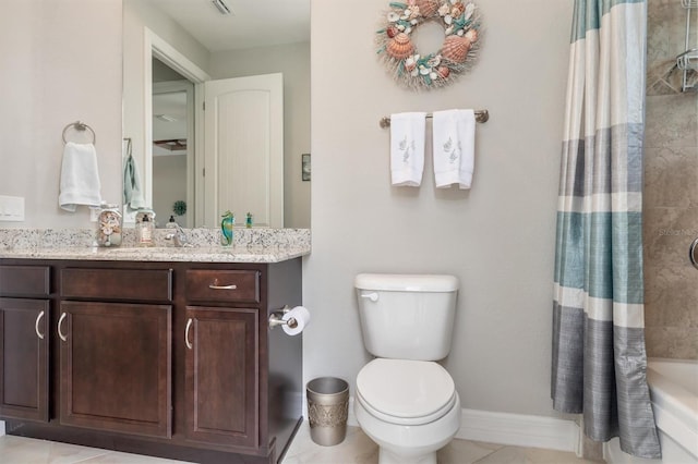 full bathroom with toilet, vanity, shower / bathtub combination with curtain, and tile patterned flooring