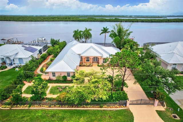 bird's eye view with a water view