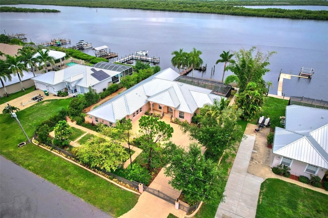 drone / aerial view featuring a water view