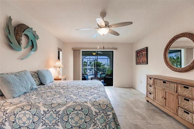 bedroom featuring access to outside and ceiling fan