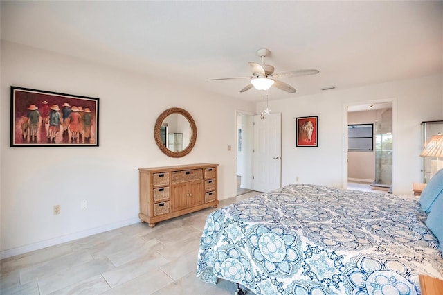 bedroom featuring ceiling fan and ensuite bath