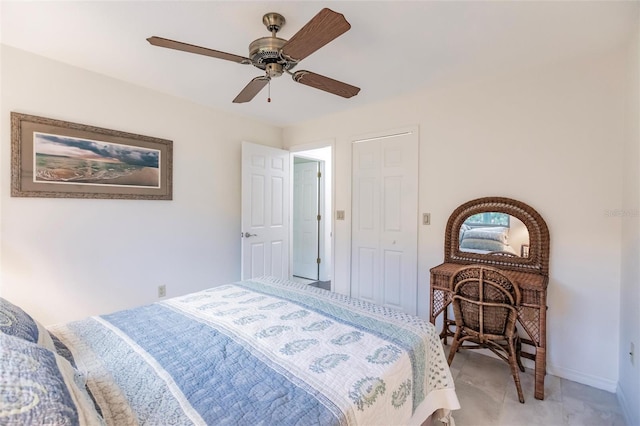 bedroom featuring ceiling fan and a closet