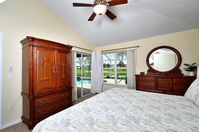 bedroom with lofted ceiling, carpet floors, access to exterior, and ceiling fan