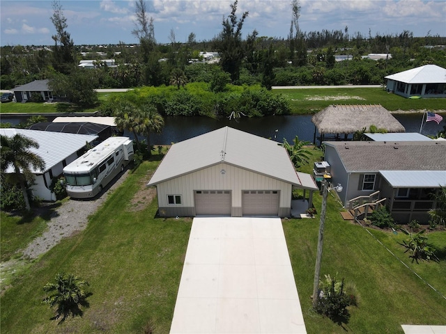 bird's eye view with a water view