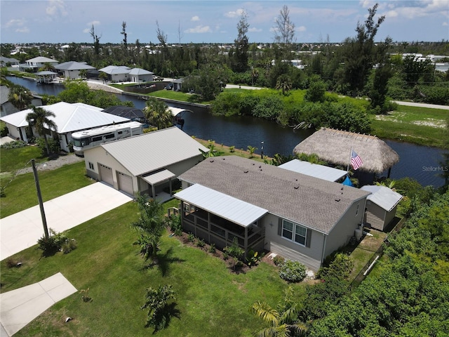 drone / aerial view featuring a water view