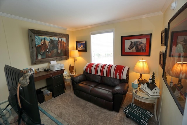 carpeted living room featuring ornamental molding