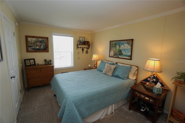 carpeted bedroom featuring crown molding