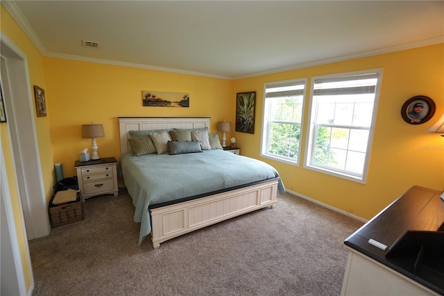 bedroom with carpet and ornamental molding