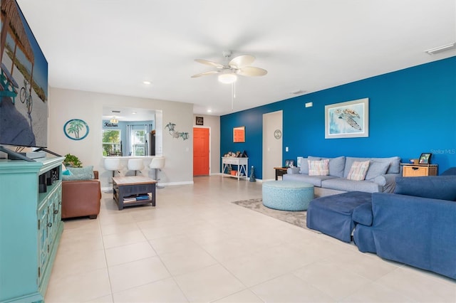 living room with ceiling fan