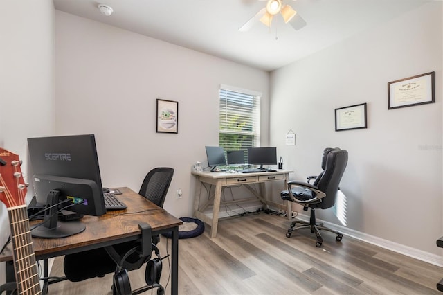 office area featuring ceiling fan and wood-type flooring