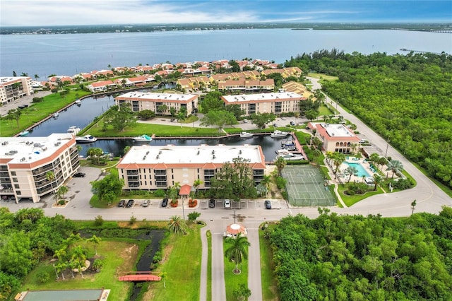 aerial view featuring a water view