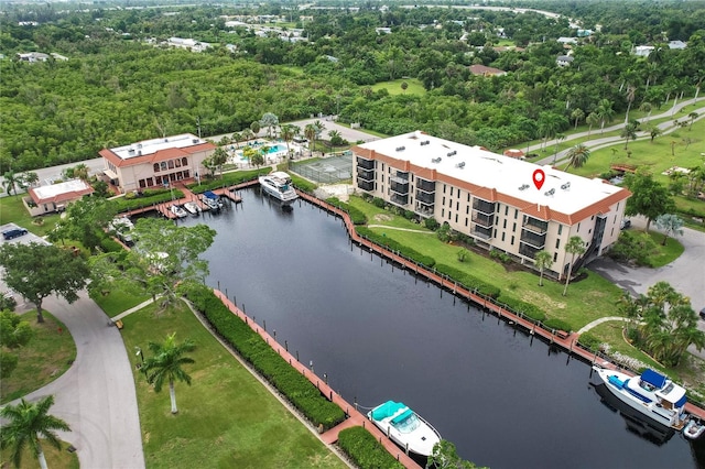 aerial view featuring a water view