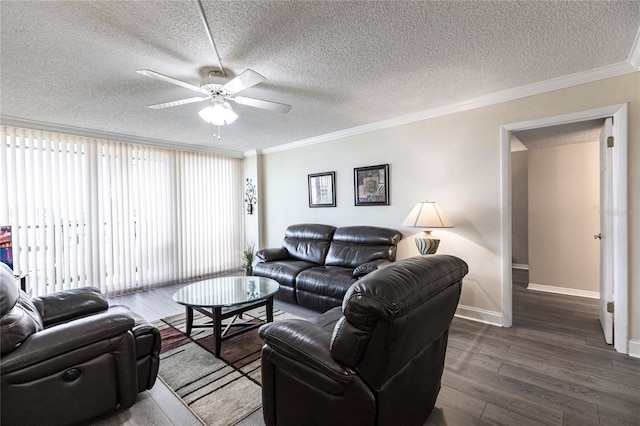 living room with ceiling fan, a textured ceiling, and wood-type flooring