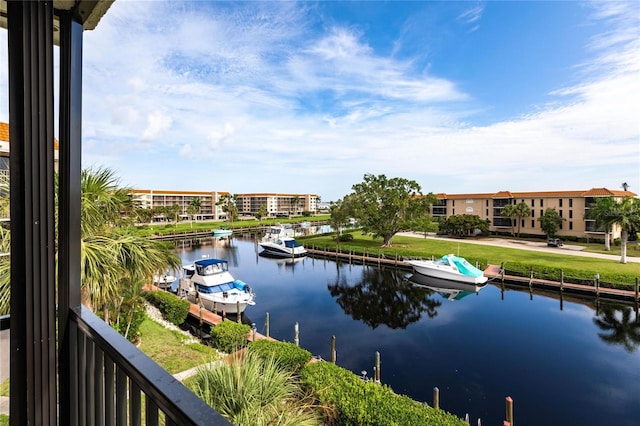 water view featuring a dock