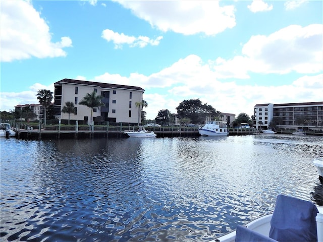 view of water feature with a dock