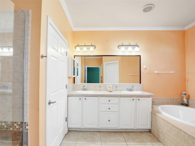 bathroom featuring crown molding, separate shower and tub, tile patterned flooring, and vanity