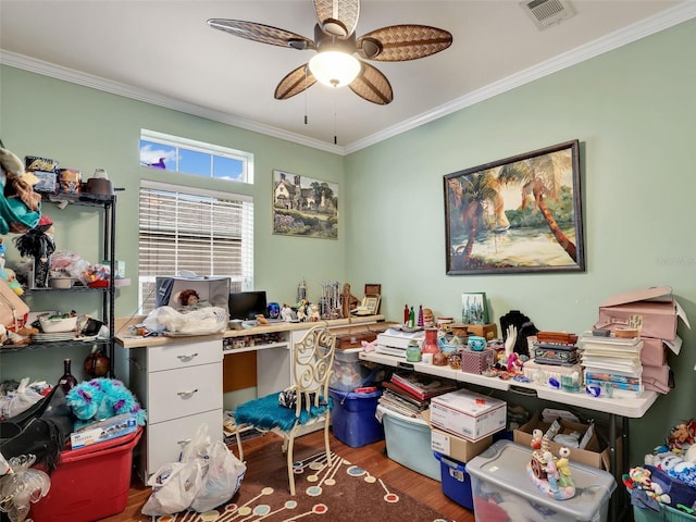 office area with ceiling fan, hardwood / wood-style floors, and ornamental molding