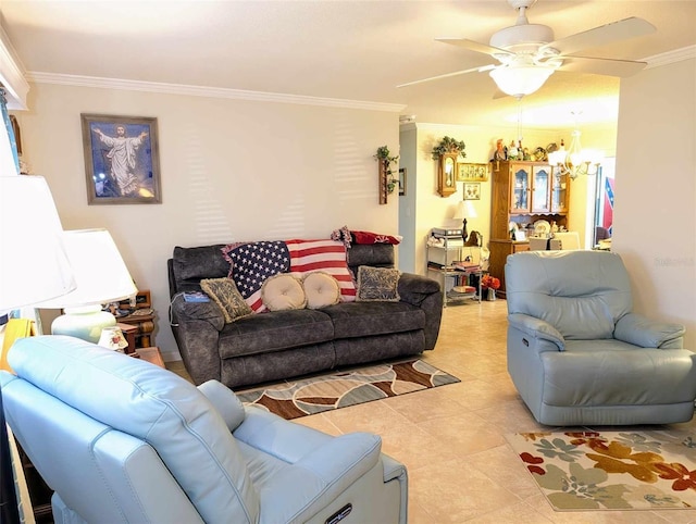 tiled living room featuring ceiling fan with notable chandelier and ornamental molding