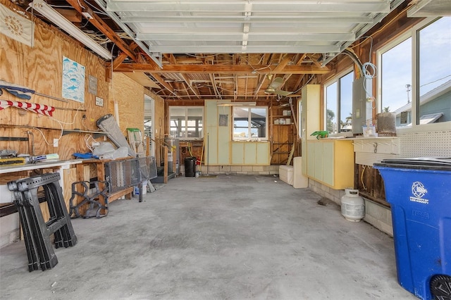 garage featuring wood walls and a workshop area