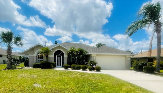 single story home with a front yard and a garage