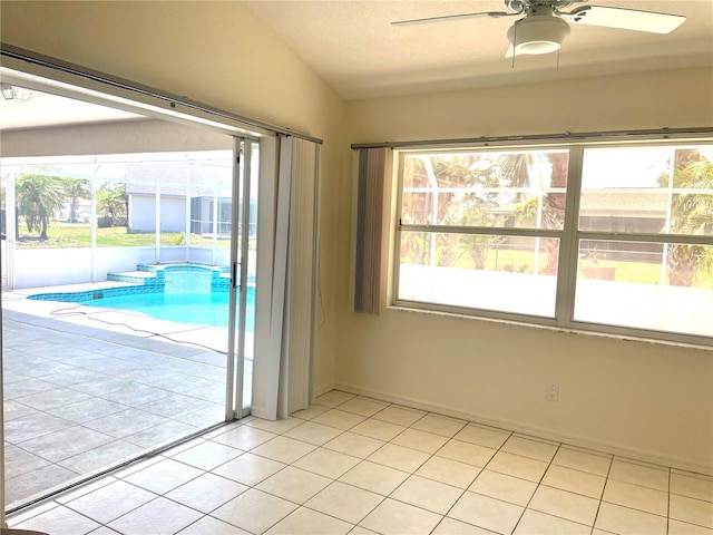 view of pool featuring ceiling fan