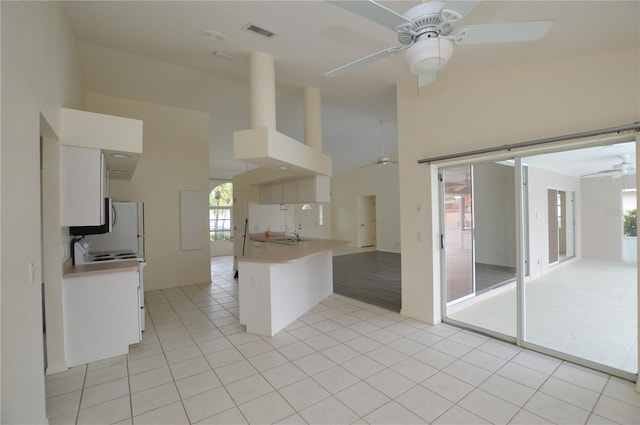 515 Allworthy St, Port Charlotte, FL 33954 - kitchen with high vaulted ceiling, ceiling fan, white cabinetry, visible vents, and white range with electric stovetop