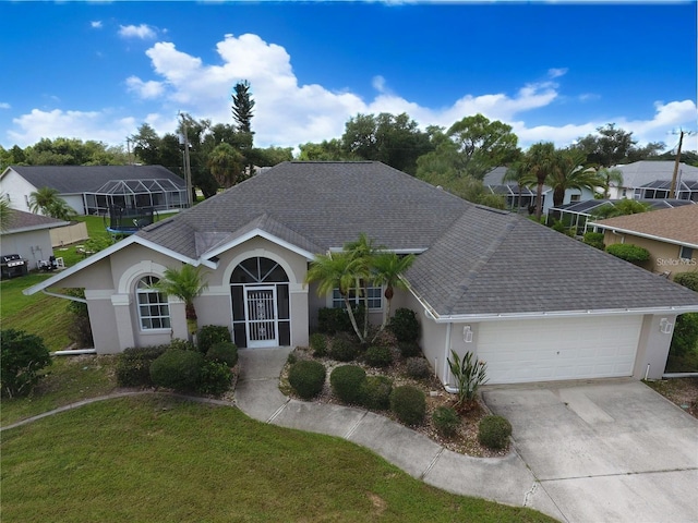 515 Allworthy St, Port Charlotte, FL 33954 - ranch-style home featuring a garage, stucco siding, a front lawn, a shingled roof, and driveway