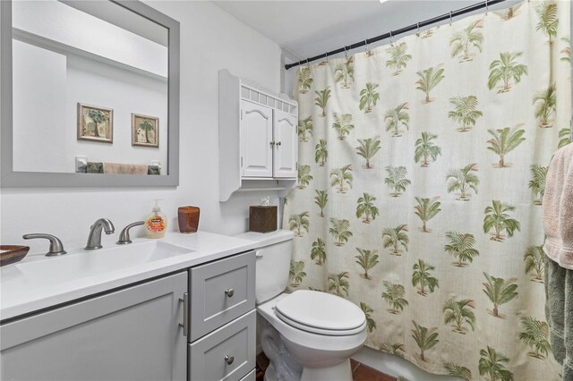 bathroom featuring toilet, vanity, and a shower with curtain