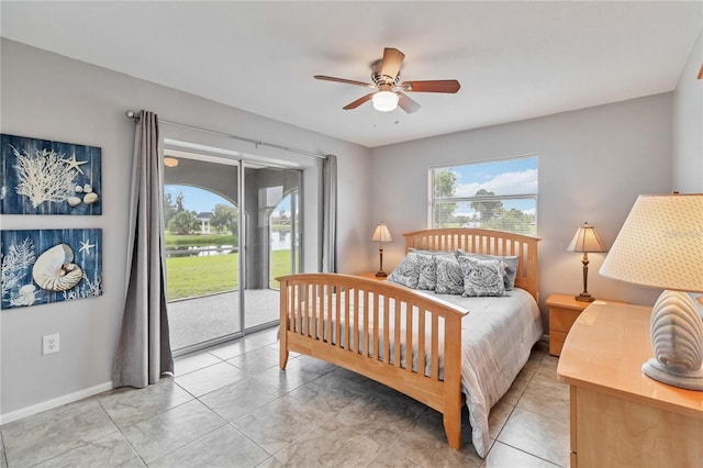 bedroom featuring ceiling fan and access to exterior