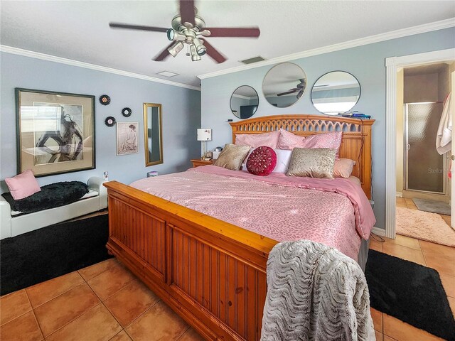 bedroom with ornamental molding, tile patterned floors, and ceiling fan