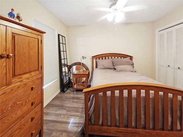 bedroom with wood-type flooring, a closet, and ceiling fan