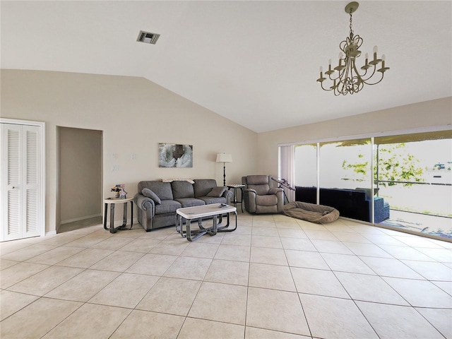 695 Coronado Dr, Punta Gorda, FL 33950 - living room featuring an inviting chandelier, vaulted ceiling, light tile patterned flooring, and visible vents