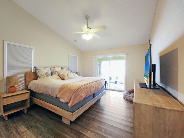 bedroom with access to exterior, dark wood-type flooring, ceiling fan, and high vaulted ceiling