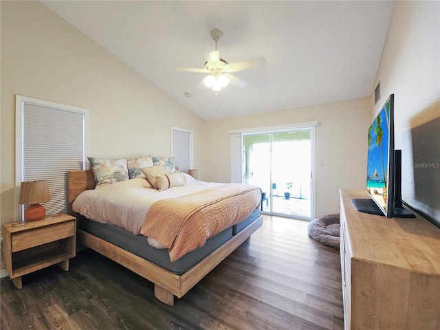 bedroom featuring vaulted ceiling, access to outside, dark hardwood / wood-style floors, and ceiling fan