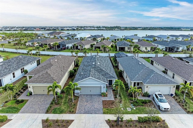 drone / aerial view featuring a water view