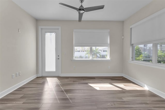 entrance foyer featuring ceiling fan and hardwood / wood-style floors