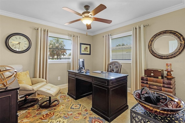 tiled office featuring crown molding and ceiling fan